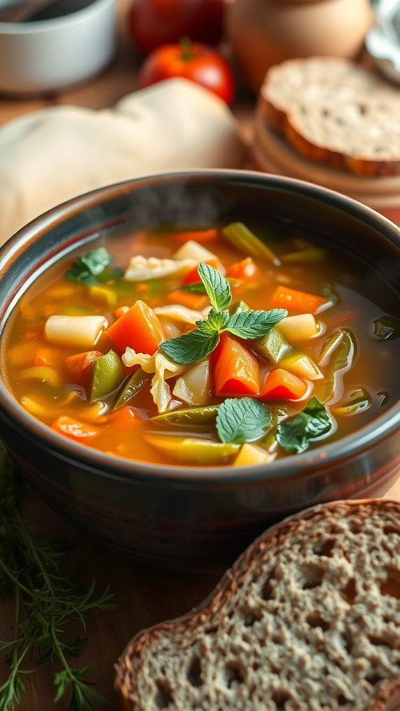 7-Day Cabbage Soup Diet Plan A bowl of cabbage soup with mixed vegetables and herbs, served with bread on a rustic table.